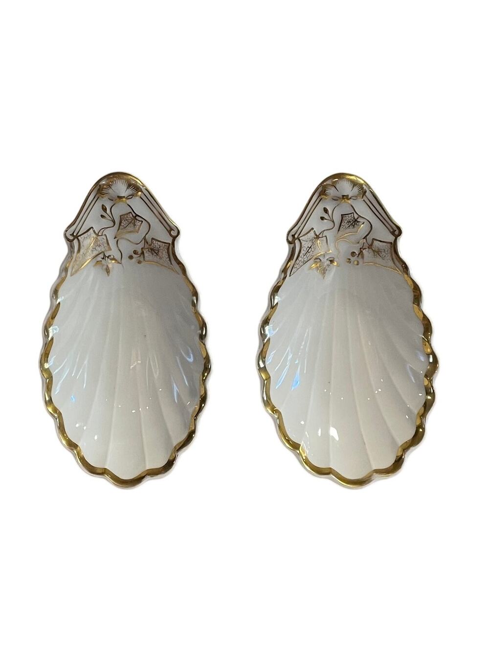 Vintage Scallop Shell Relish Dish / Trinket Tray, White Porcelain Gold Set of 2